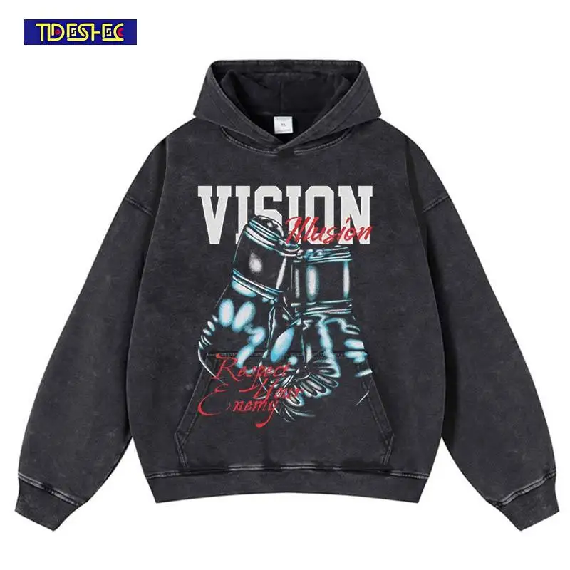 

Винтажная уличная одежда в стиле хип-хоп, боксерские перчатки, толстовка с принтом, эластичная толстовка в стиле Харадзюку, панк, потертый свободный пуловер большого размера с капюшоном