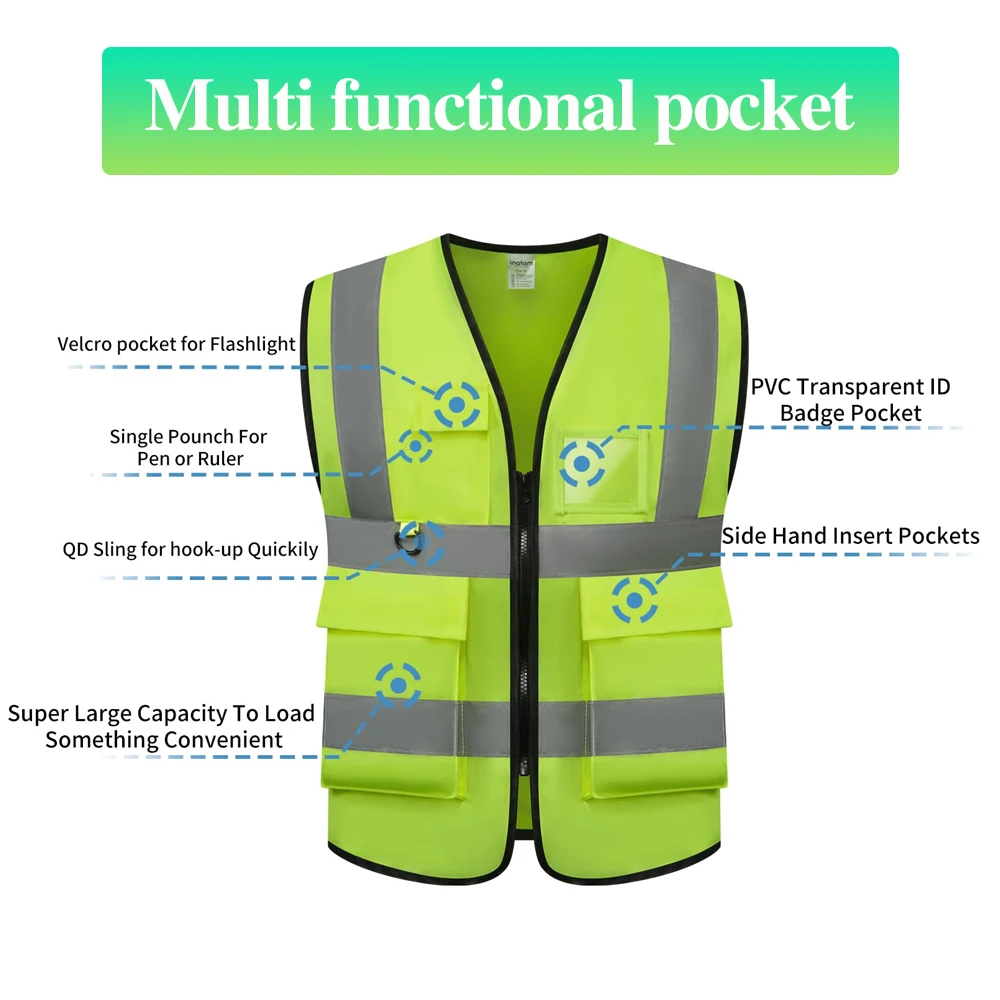 Custom Your Logo Text Reflective Safety Vest Class 2 High Visibility Construction Security Working Clothes with Pockets Zipper