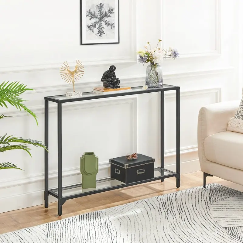 

Modern 39.4" Black Console Table with Tempered Glass Top and Metal Frame - Sleek Narrow Entryway Sofa Table for Living Room