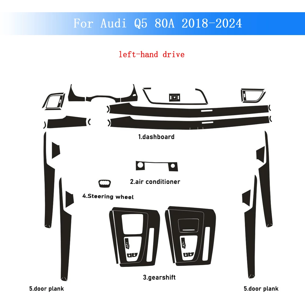 

Пленка из углеродного волокна для Audi Q5 80A 2018-2024: наклейка на центральную консоль, панель приборов, воздуховод, дверные ручки, панель управления стеклоподъемниками