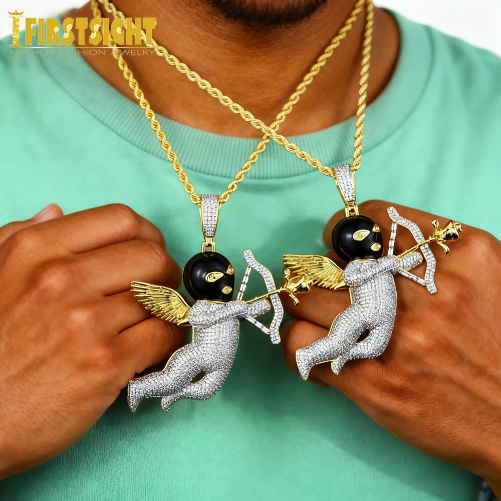 New Design Bow Arrow Shape Pendant Necklace Two Tone Color Iced Cubic Zircon Goddess Of Love Charm Men\'s Women Hip Hop Jewelry