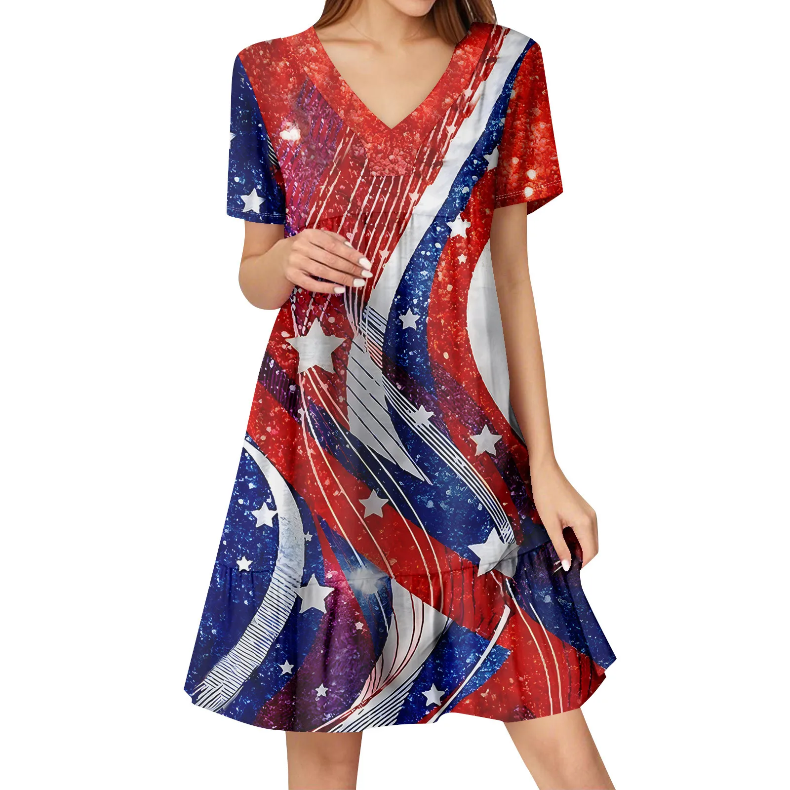 Womens Summer Dress Short Sleeve V Neck Short Dresses Fashion Casual Flowy Boho Ruffle A Line Swing Sundress Summer Dresses