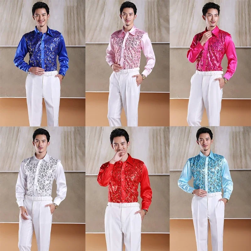 2025 New Colorful Sequins Long-sleeved Shirt for Men, Performance Stage / Studio Photo / Host / Best Man Men's Shirt / Camisa