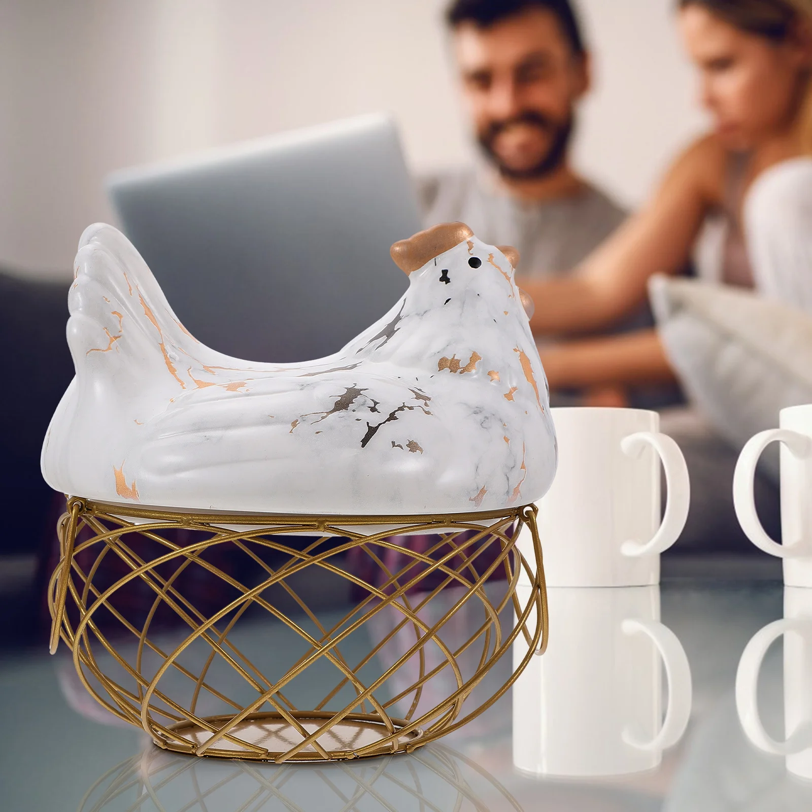 

1Pcs Iron Hen Storage Basket Ceramic Lid Egg Container Fruit Basket Kitchen Organizer Snack Storage Multifunctional