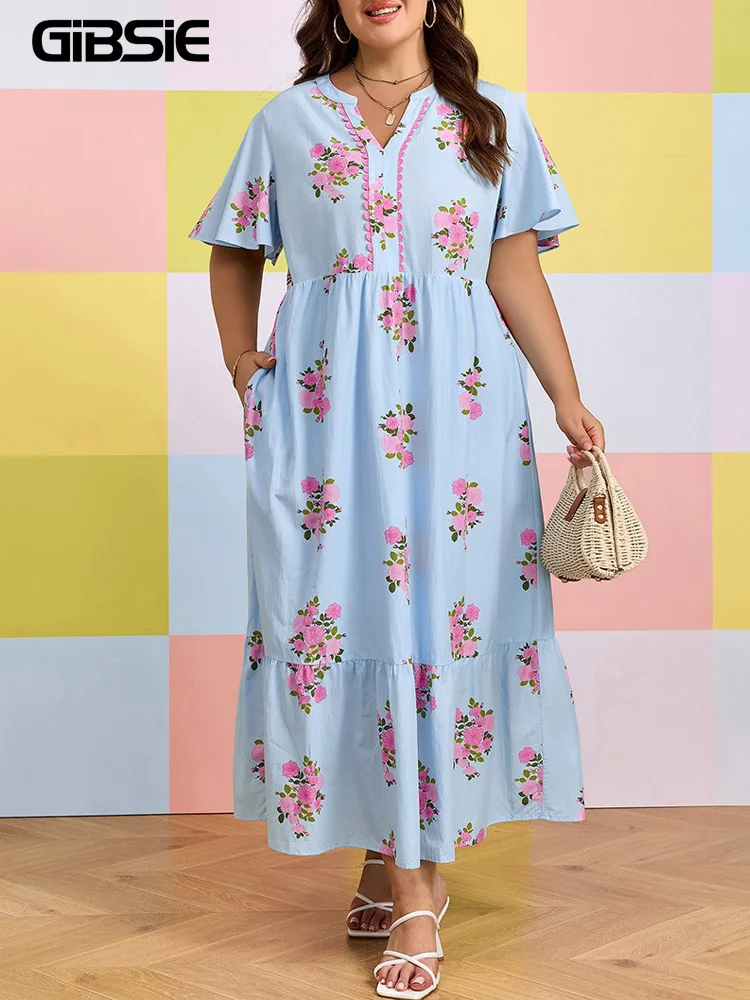 

GIBSIE Plus Size Floral Print Notch Neck Butterfly Sleeve Dress Women Summer Sweet Vacation Pocket Ruffle Hem Long Maxi Dresses