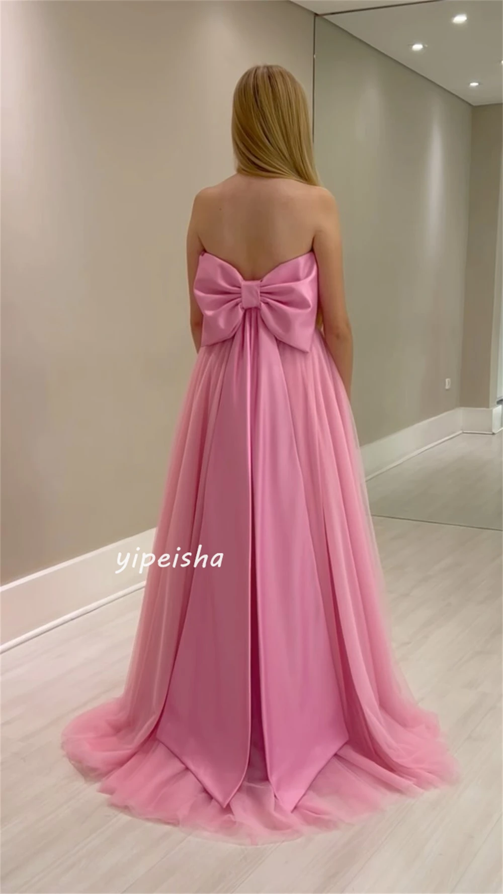 Net Draped Sash Bow Graduation A-line Strapless Bespoke Occasion Gown Long Dresses