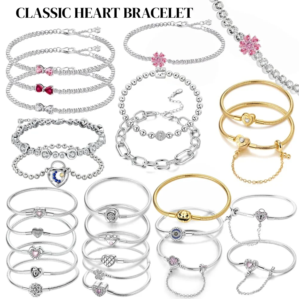 2026 Dia dos Namorados Nova Pulseira de Prata 925 com Laço Rosa e Diamantes Completos Original 17-20CM Compatível com Charms DIY Presentes de Joias para Aniversário de Mulheres