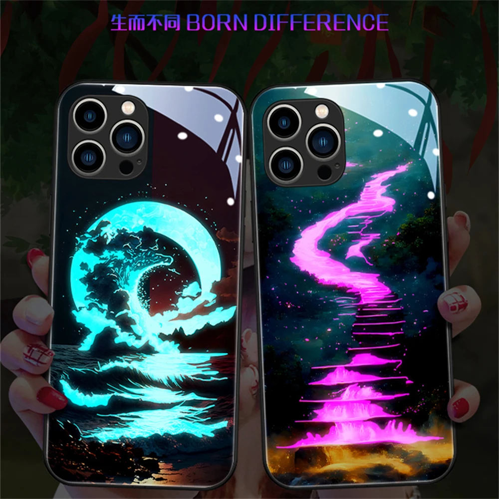 Night Sky Moon Sea Design LED Light Flash Case For iPhone 15 14 13 12 11 Pro Max X XR XS 6 7 8 Plus SE2020 Glitter Back Cover