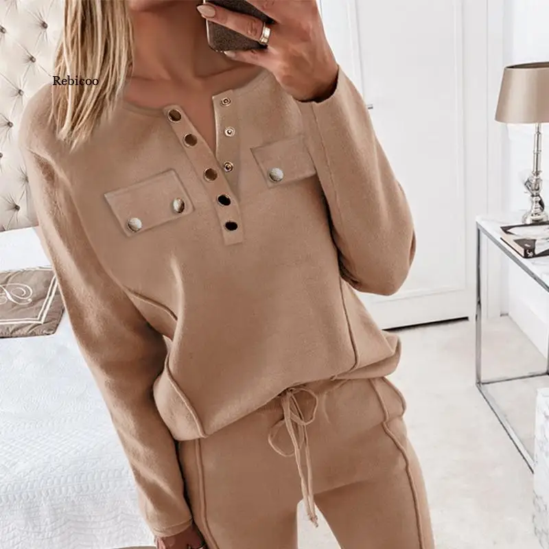 Spring V Neck Buttoned Pocket Loose Long Sleeve Sweatshirts Women Training suit Drawstring Fitness Pants Set Sportswear