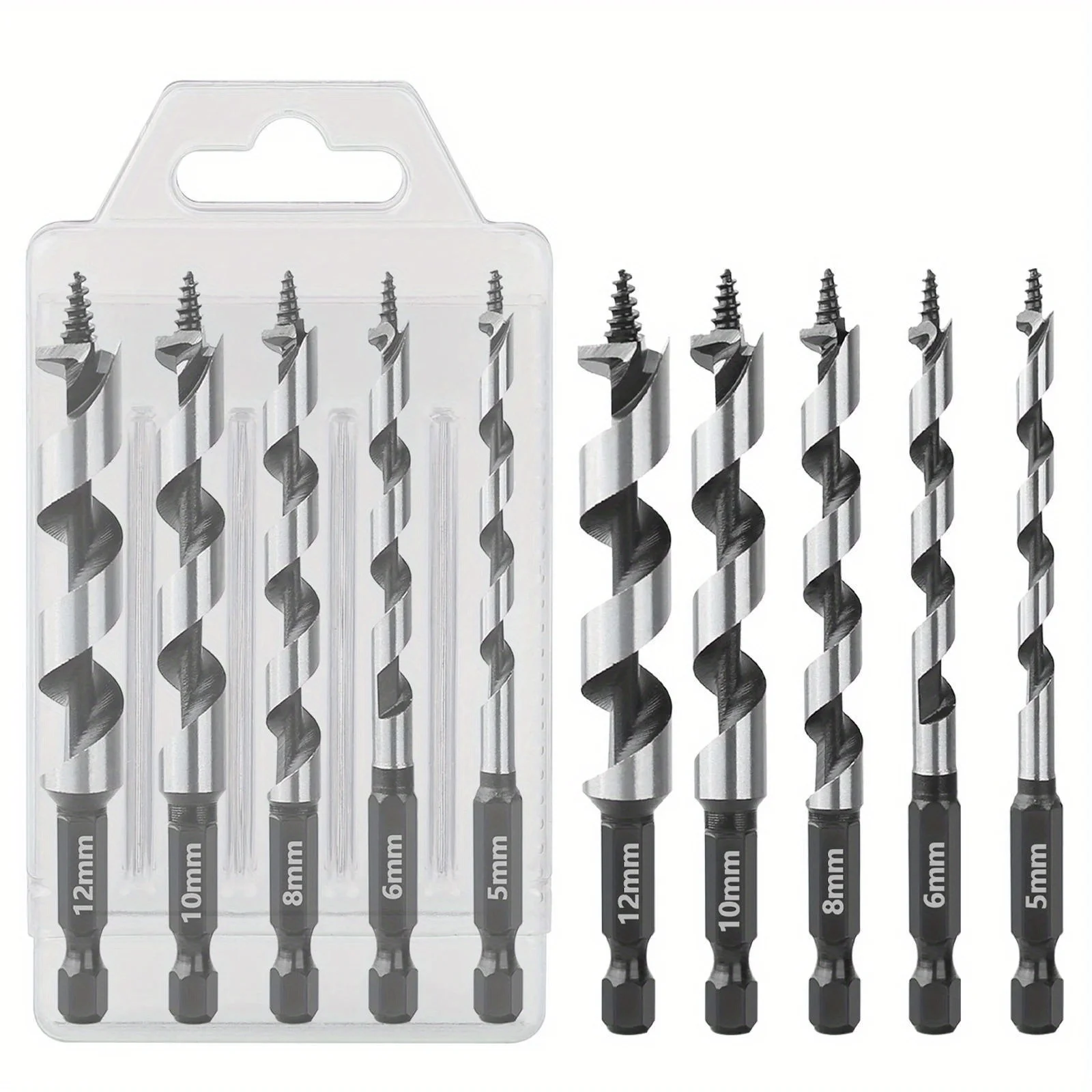 5pcs 100mm Carpenter Auger Bits 5-12mm Hexagonal Handle Twist Drill Hand Spiral Reamer Power Tool Accessories Set