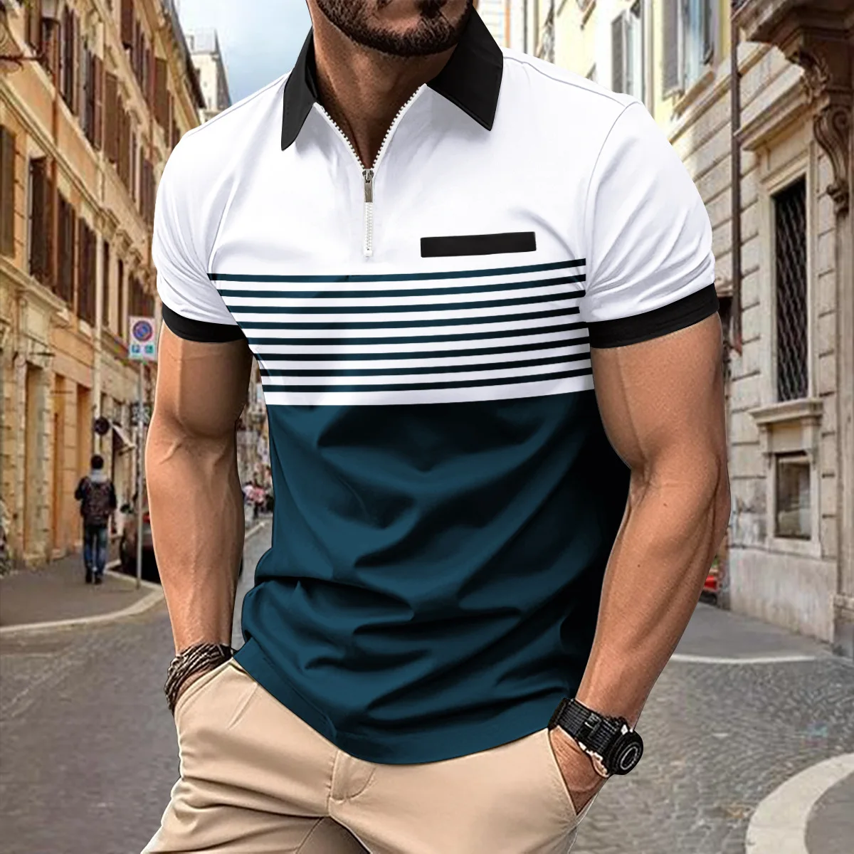 2024 Summer Instant Amazon POLO Shirt with lapel Zip Men\'s Printed Striped Sport High Street Breathable Polo shirt