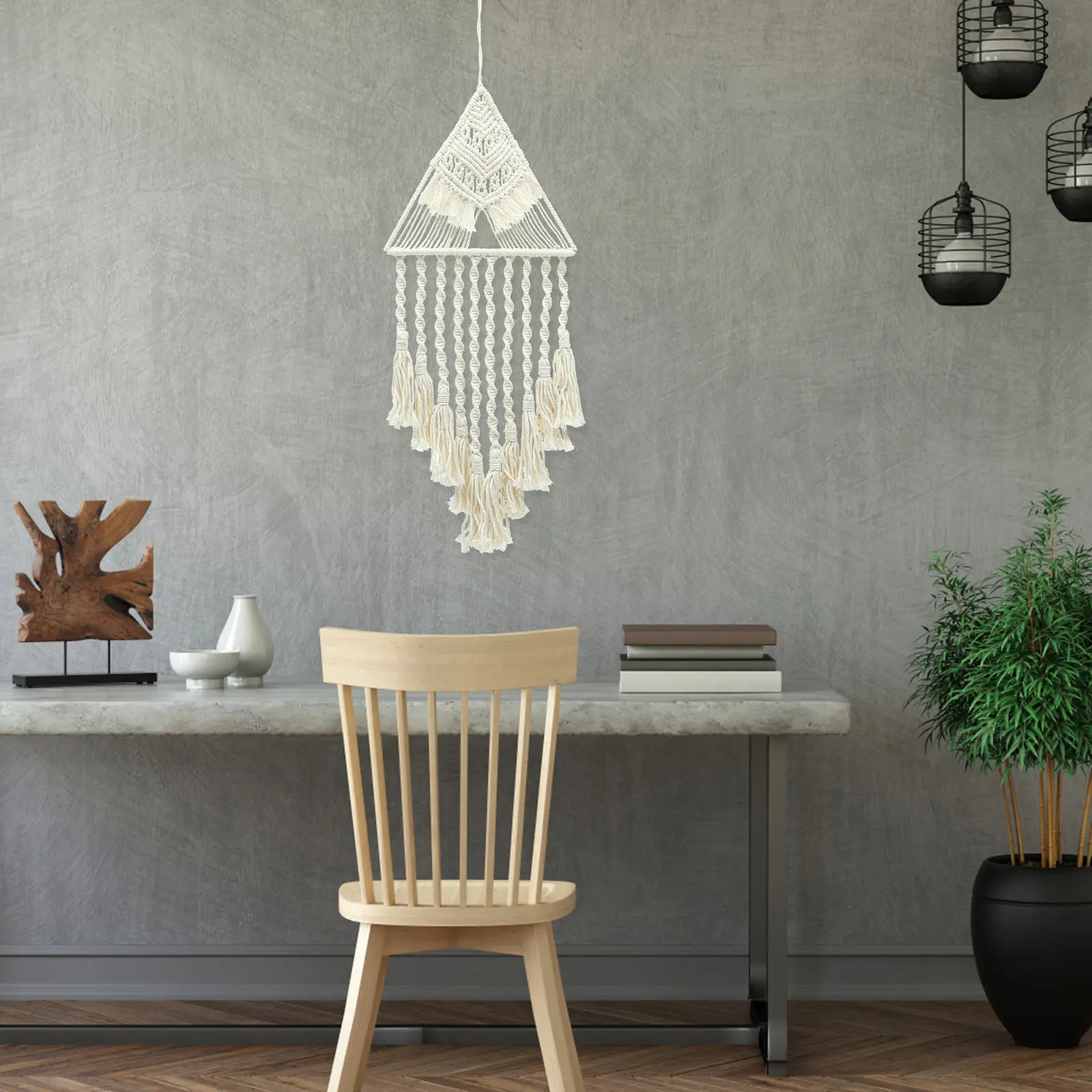 Handmade Bohemian Macrame Woven Triangle Tassel Tapestry Wall Hanging Home Room Decor Macrame Wall Decor Hand-Woven Tapestry