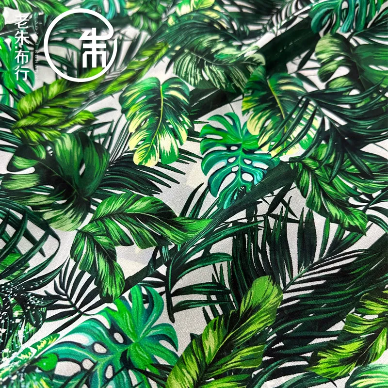 Green Tropical Leaves Plant Pattern Silk Silk Crepe De Chine Fabric 16 Momme Thin Cloth Shirt Skirt