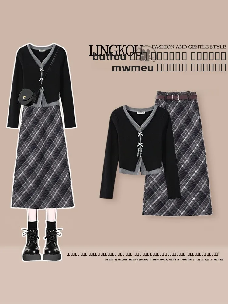 

Sli, ранний осенний трикотажный комплект большого размера с v-образным вырезом, красивая клетчатая юбка, женский осенний наряд Faion Ele из двух предметов