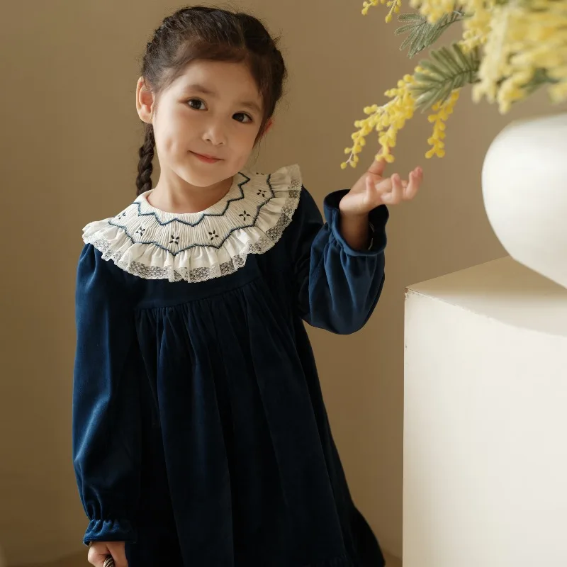 Ins شتاء جديد الفتيات المخملية فستان عيد الميلاد اليدوية طوق سميكة نسخة فستان زهرة الفتيات الحلو Smocking فستان #2