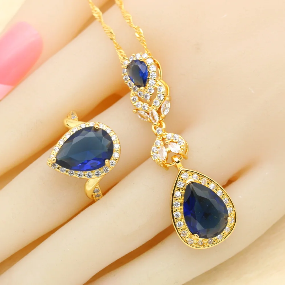 Green Crystal Water Drop Gold Plated Jewelry Sets For Women Wedding Bracelet Earrings Necklace Pendant Ring Party Gift