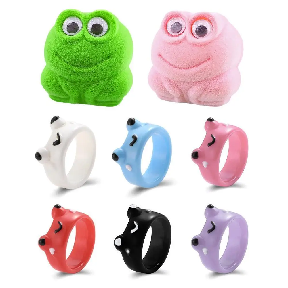 Cartoon Green Pink Frog Rings Display Boxes Cute Acrylic Animal Frog Rings Summer Finger Jewelry Gifts For Couple Best Friends