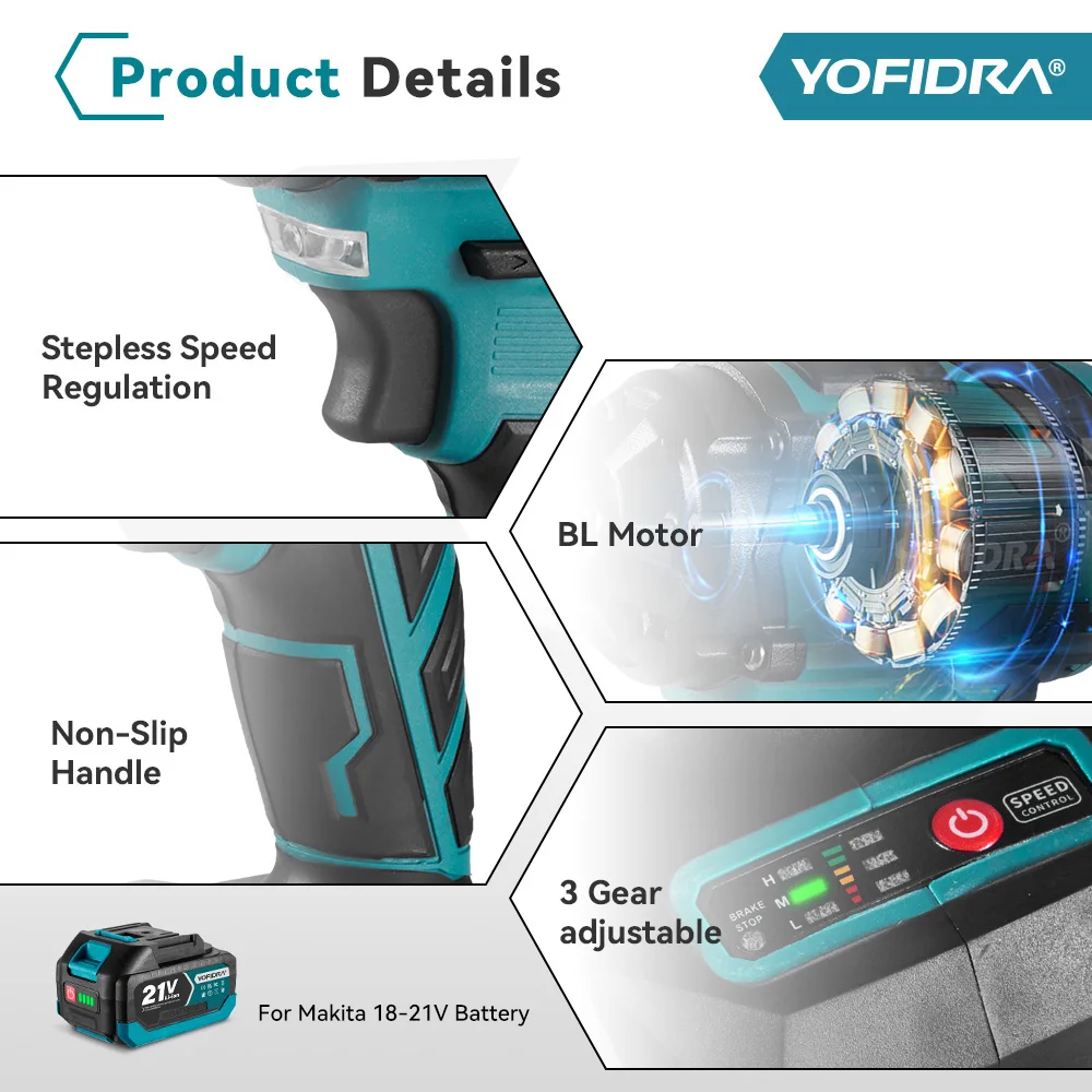 YOFIDRA 1000N.m Brushless Electric Impact Wrench 3 Gears 1/2 inch Cordless Electric Screwdriver Drill For Makita 21V Battery Pin
