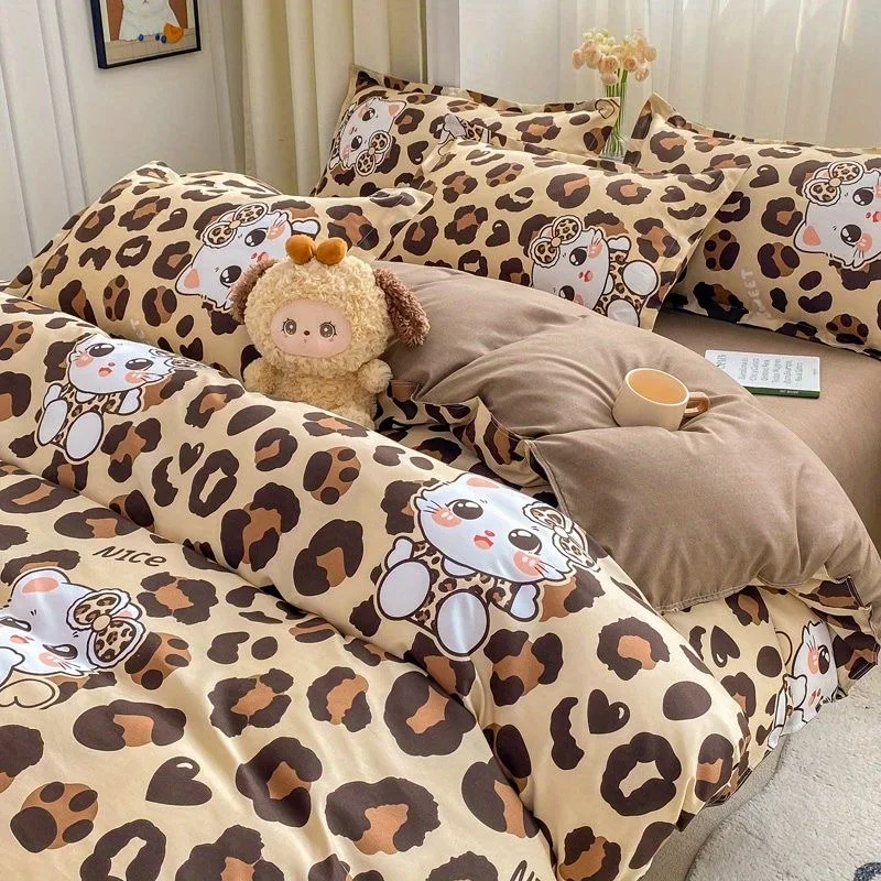 

Ins Leopard Cat Bedding Set Duvet Cover Soft Queen Full Twin Size Flat Bed Sheet Quilt Cover Pillowcase New Fashion Bedspread