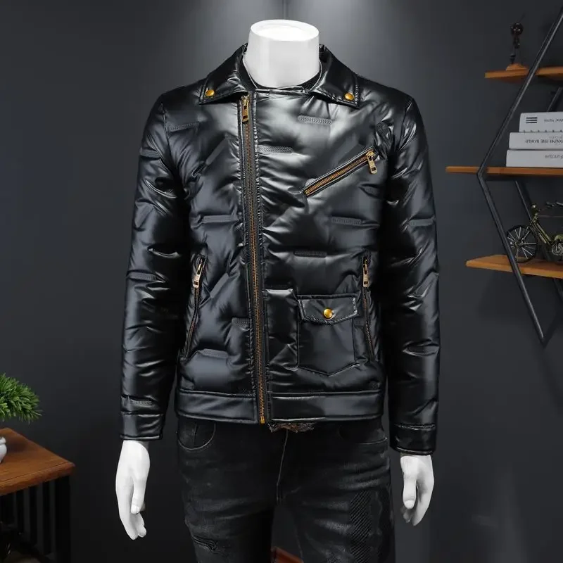 Mantel pendek terang pria, jaket Luaran parka tahan air permukaan tebal hangat untuk lelaki