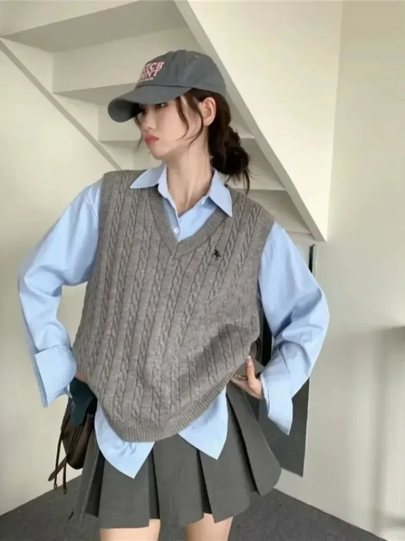 Suéter con cuello en V para mujer, chaleco liso sin mangas estilo Preppy, chaleco de punto dulce, Jersey informal para mujer, chaleco para Otoño e Invierno