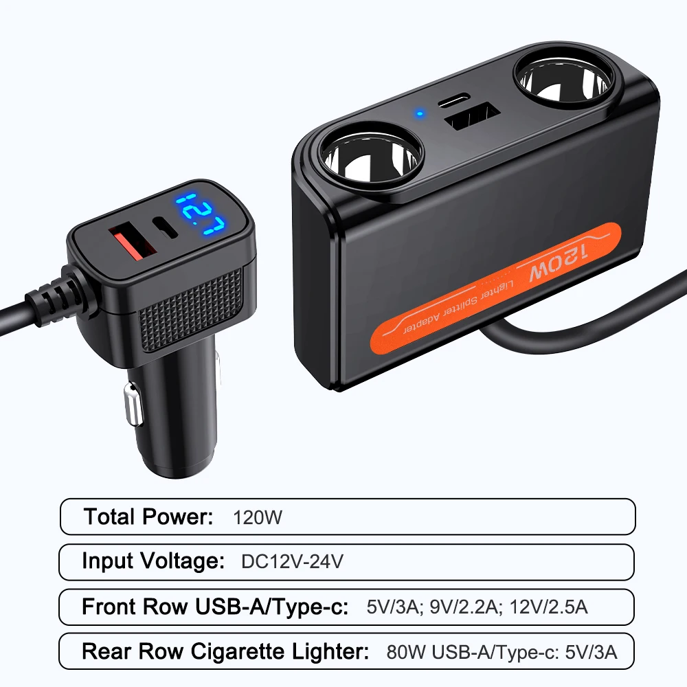 car cigarette lighter socket 2 way splitter adapter 2-Way Power and car air pumps 7 in 1 Car Charger