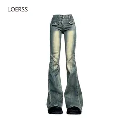 LOERSS Denim Pants for Women Vintage High Waist Flare Jeans Wide Legs Cowboy Baggy Trousers Y2k Harajuku 90s Aesthetic Clothes