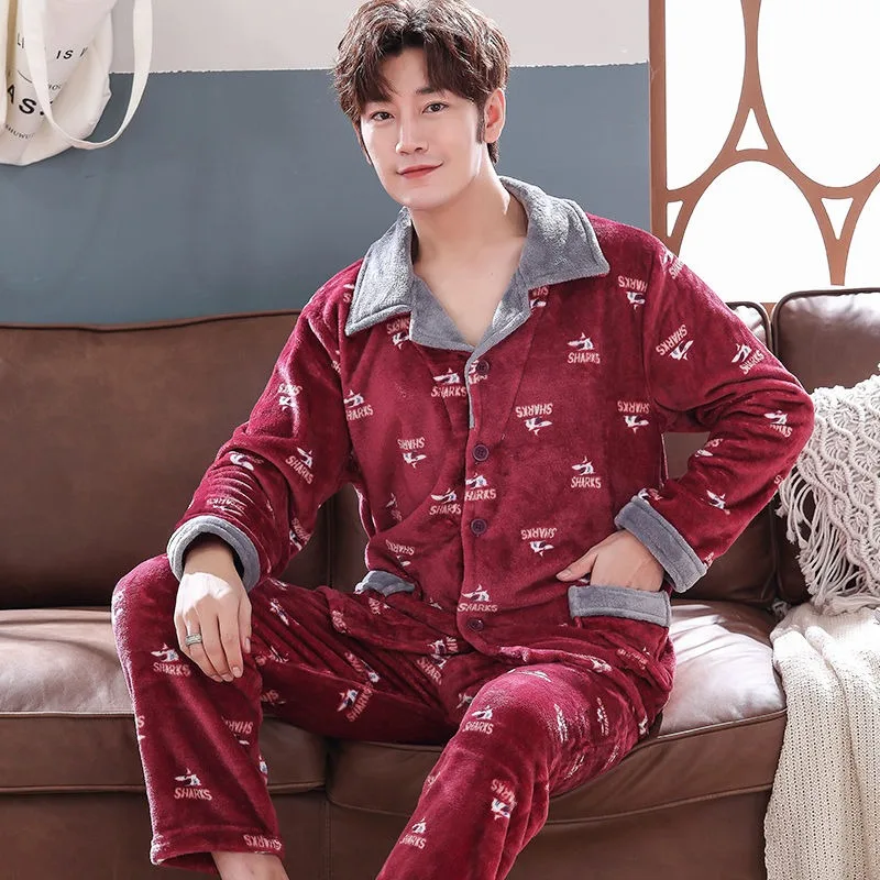 Conjunto de pijama de flanela grossa masculino, sleepwear coral de veludo masculino, loungewear manga comprida, plus size, de meia idade, idoso, outono, inverno