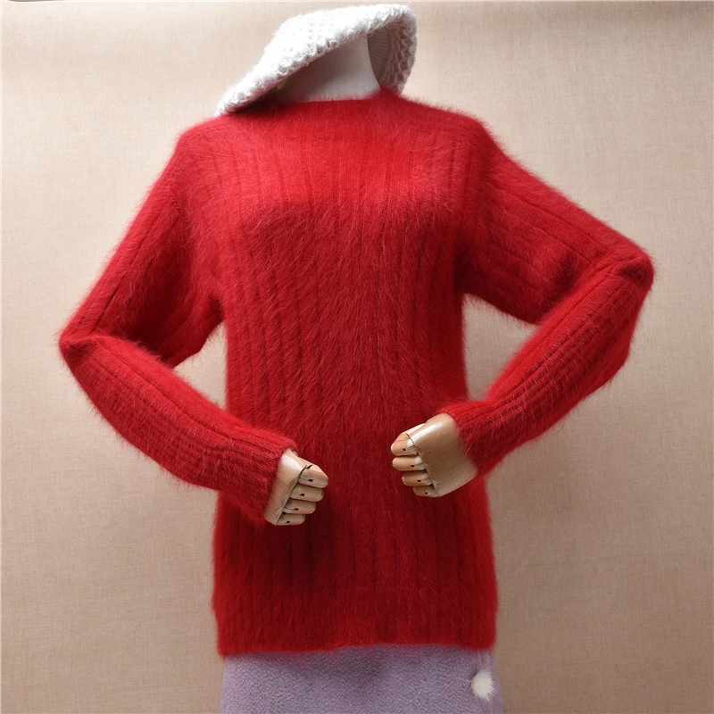 

Female Women Fall Winter Clothing Red Striped Real Angora Rabbit Hair Knitted Striped O-Neck Slim Blouses Pullover Sweater Pull