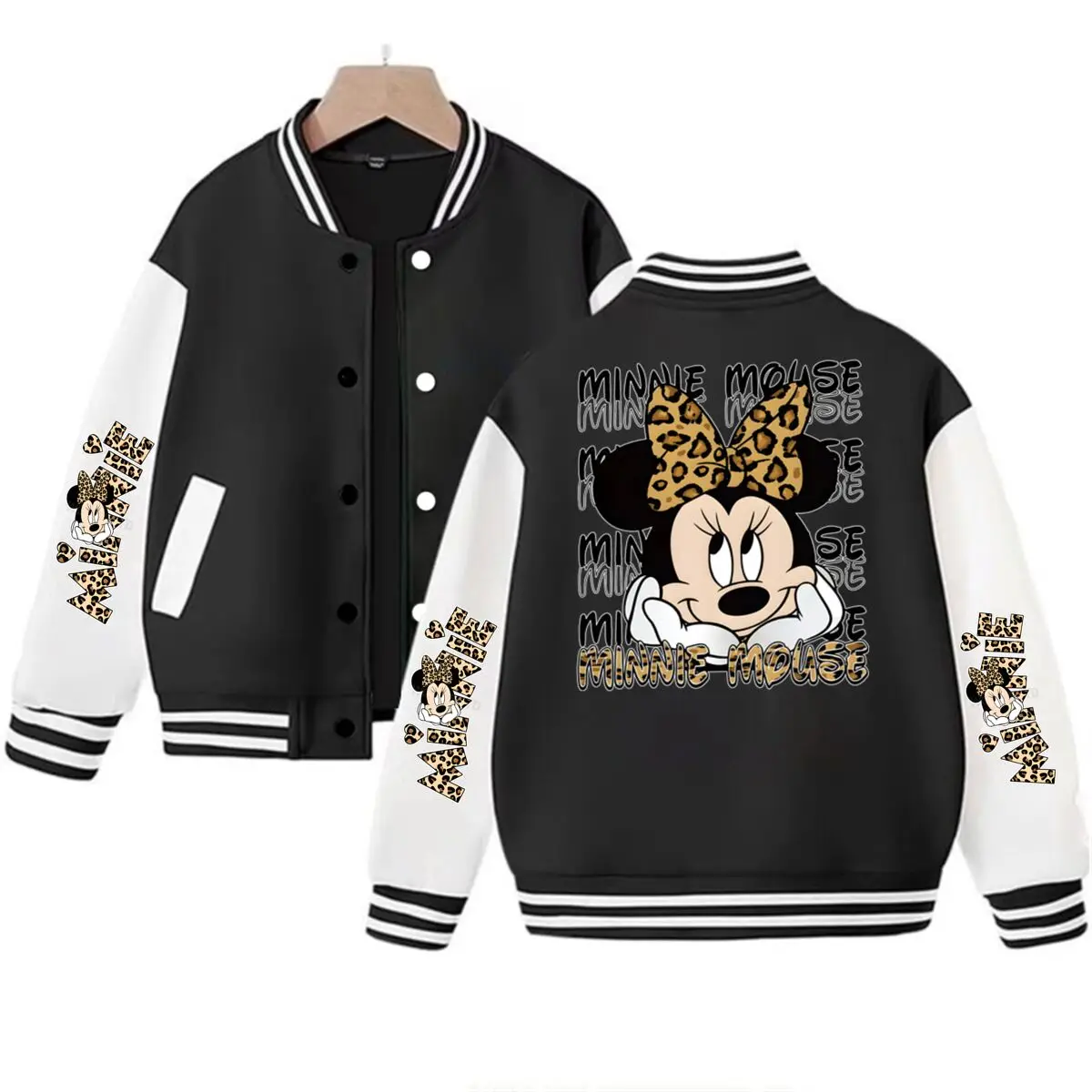 

Leopard Print Minnie Mouse Print Baseball Uniform Women Casual Pocket Jackets Kids Girls Vintage Minnie Classic Character Jacket