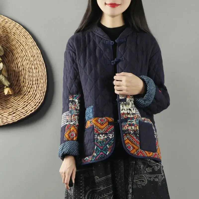 2024 neue Herbst Winter Vintage Print Spleiß mit Innen platte Schnalle Leinen Clip Baumwolle Cardigan Mantel Baumwolle Mäntel Frauen Jacke