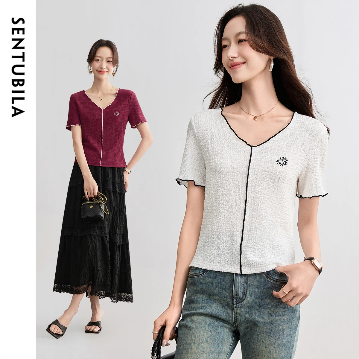 

SENTUBILA Red Women's Short Sleeve T-shirts Bufferfly Embroider Casual V-neck Strecth Ladies Knitted Tees Lady Clothes 152TI1685