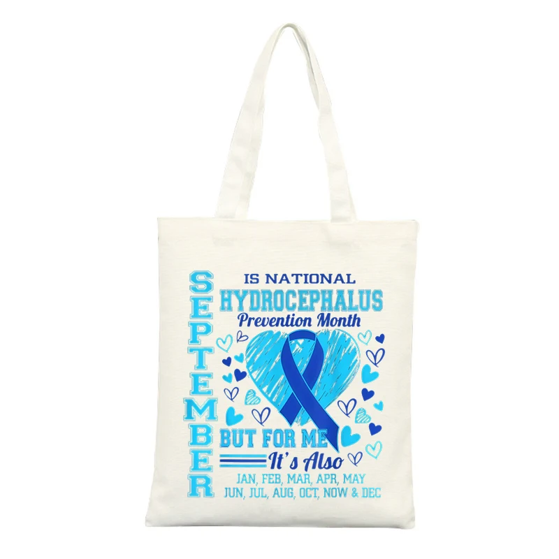 Blue Ribbon and Heart Graphic Canvas Tote Bag, Casual Style for Daily Use and Prevention Awareness Events