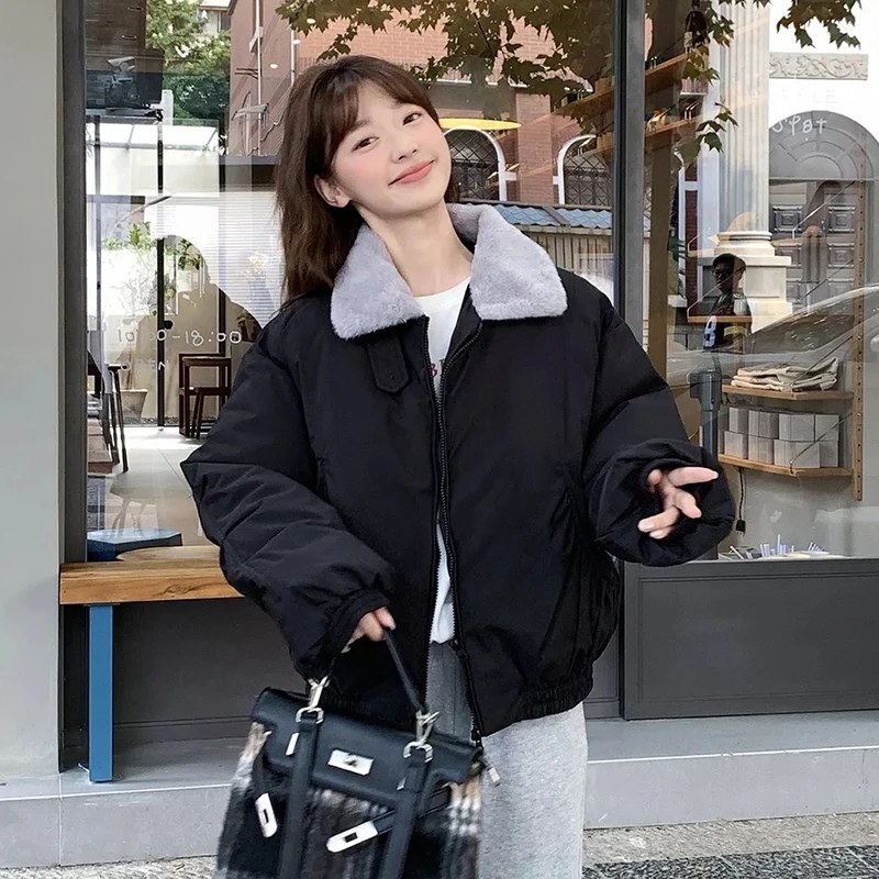 Parkas de muy buen gusto coreano para mujer, abrigos hinchados informales holgados y cálidos con bolsillo y cremallera, prendas de vestir de manga larga con cuello de piel dulce de retazos, novedad