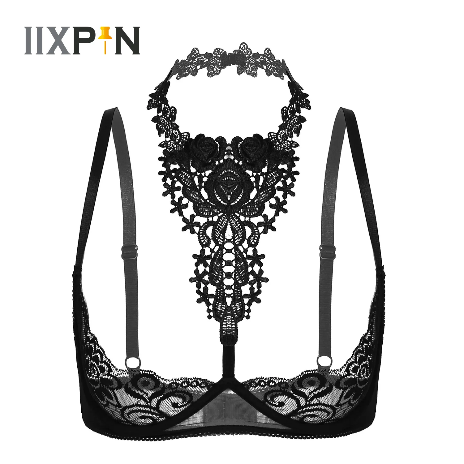 Sexy Women Lingerie See-through Floral Lace Underwired Unlined Bra Tops Halter Bare Breast Bustier Underwear Plus Size 4XL
