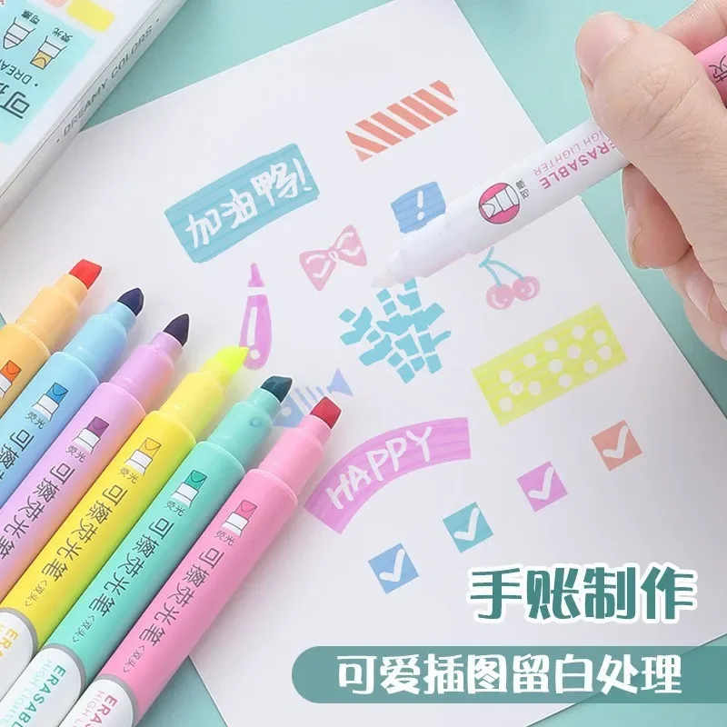 6pcs Cute Erasable Highlighters Pastel Markers Fluorescent Pen for Art Drawing Doodling Marking School Office Kawaii Stationery