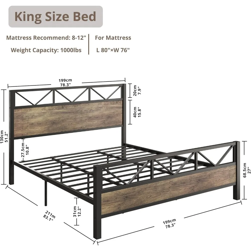 King Bed Frame, Tall Industrial Headboard 51.2 