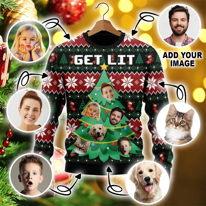 

Funny Custom Photo 3D Printed Ugly Christmas Sweater For Women Clothes Customize Face Pullovers Diy Image Sweatshirt Gift Tops