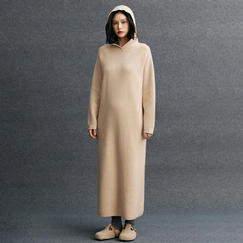 Women Cashmere Hooded Dress 100% Cashmere Knitted Loose Dress Autumn Winter Thick Warm Cashmere Knitwear Long Sleeve Dress