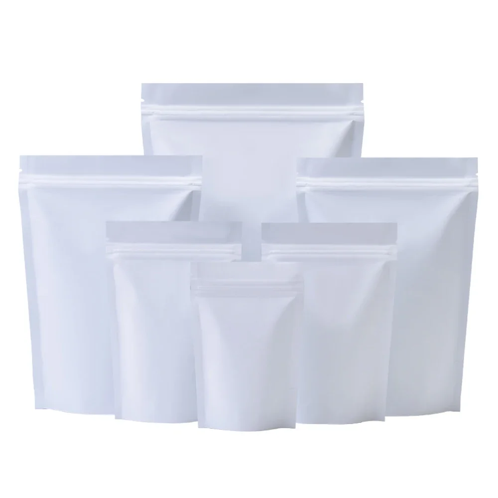 100Pcs Matte White Aluminum Mylar Foil Zip Lock Stand Up Bag Self Seal Tear Notch Reusable Doypack Food Snack Chocolate Pouches