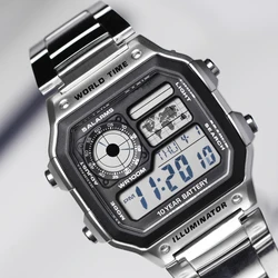 Reloj Digital de acero inoxidable para hombre, cronógrafo con pantalla LCD colorida, resistente al agua, con luz fría, 5 despertadores, hora mundial, a la moda