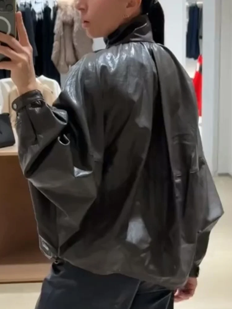 Giacca casual in pelle con mantella con maniche a pipistrello Colletto alla coreana da donna Cappotti bomber monopetto con cerniera a maniche lunghe Cappotto da strada quotidiano da donna