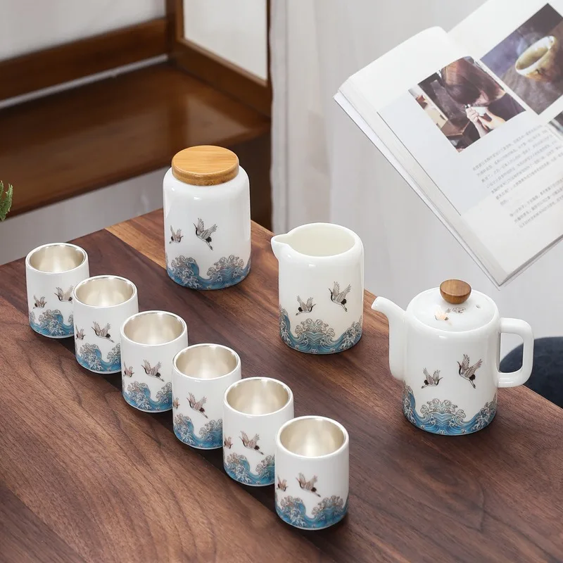 

99 sterling silver retro office teapot complete set ceramic crane kung fu tea set teacup gift box set household