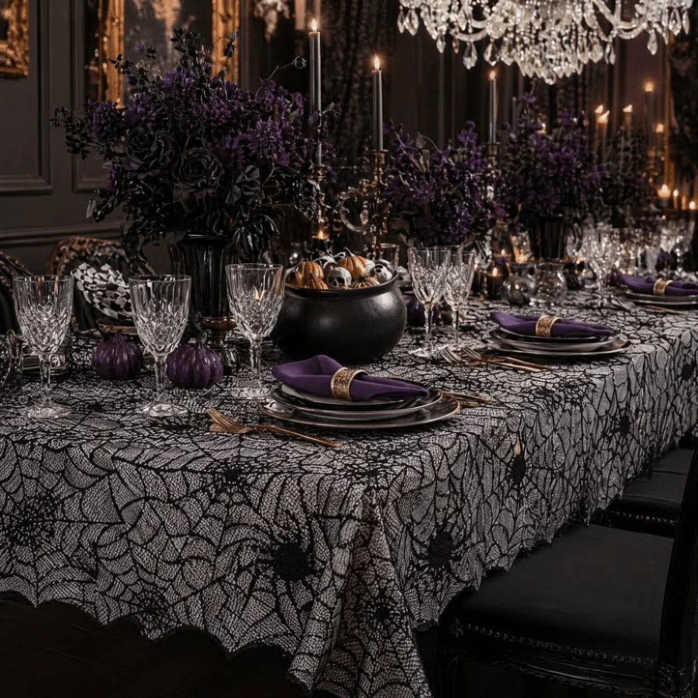 Spooky Portable Halloween Decoration Lightweight Unique Black Tablecloth Lace Ghotic Spider Web Tablecloth Haunted House