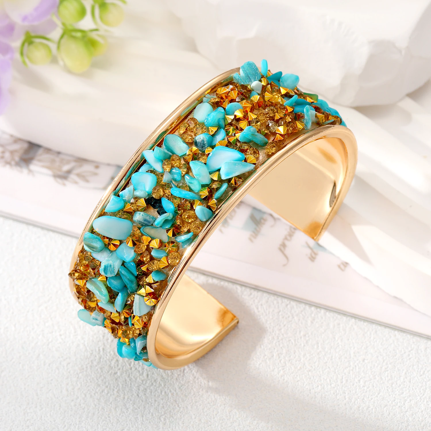 European Bohemian Stone Zircon Bangle Cuff Bracelet For Women New Trendy Gold Color Rhinestone Open Adjustable Wedding Jewelry