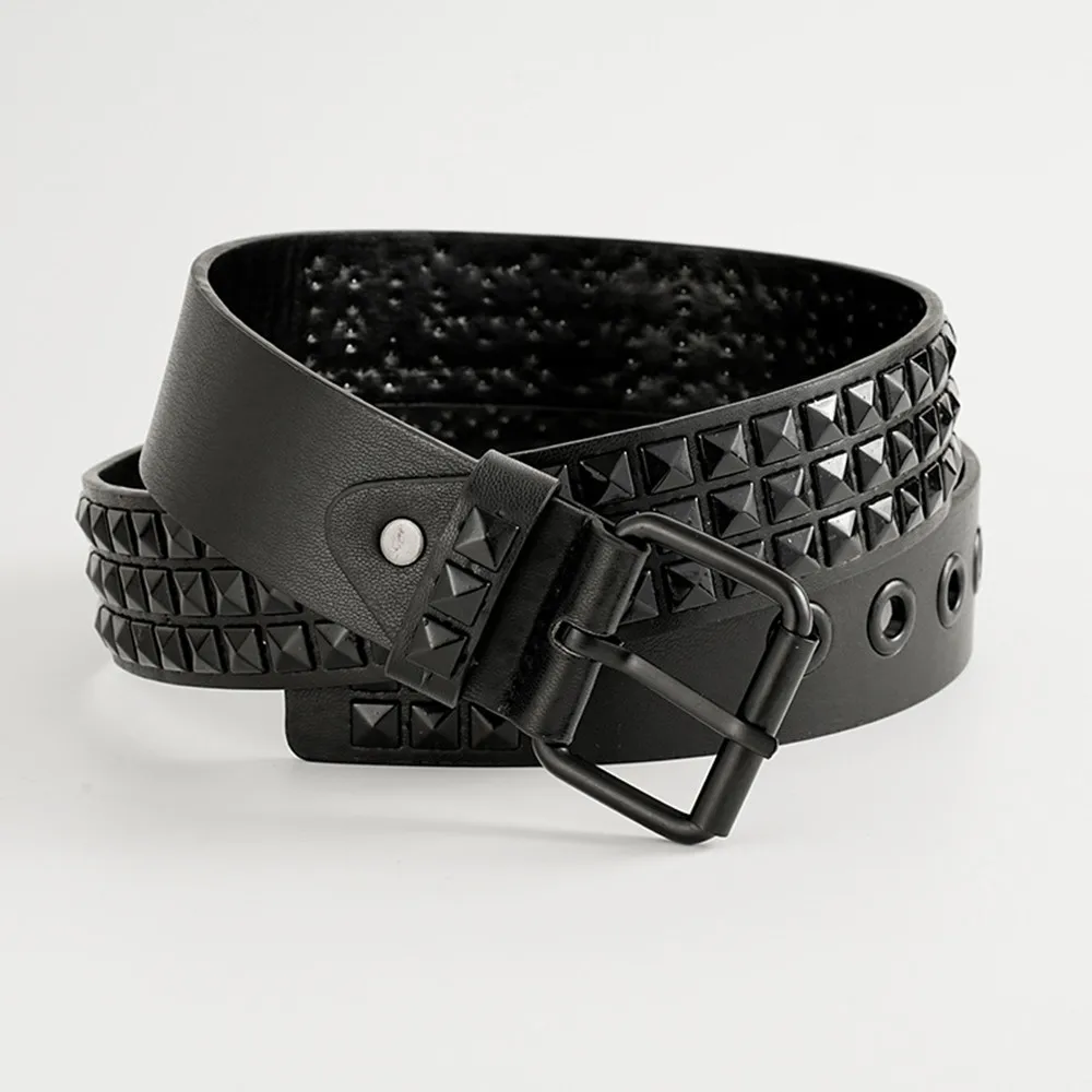 Punk-Stil Nieten-Gürtel-Set, ausgestattet mit quadratischer Edelstahlschnalle, PU-Material, Pyramiden-Nieten-Gürtel für Männer und Frauen – Detail 3