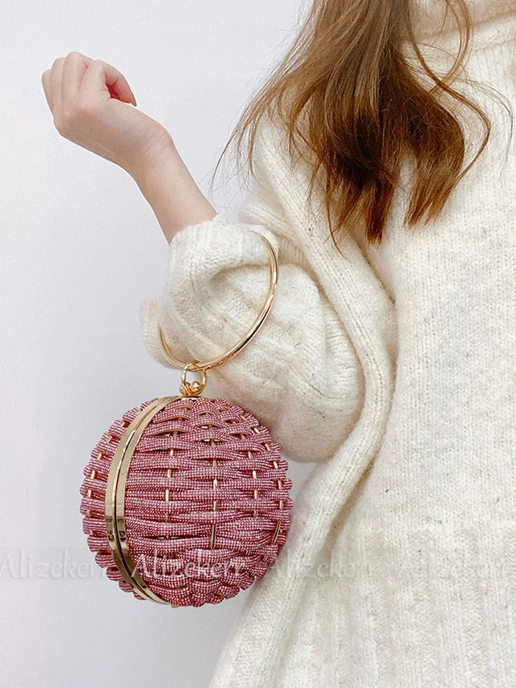 Alizekerr Rhinestone Round Evening Clutch Bags Women Boutique Circular Ball Shaped Woven Diamond Purses And Handbags Wedding