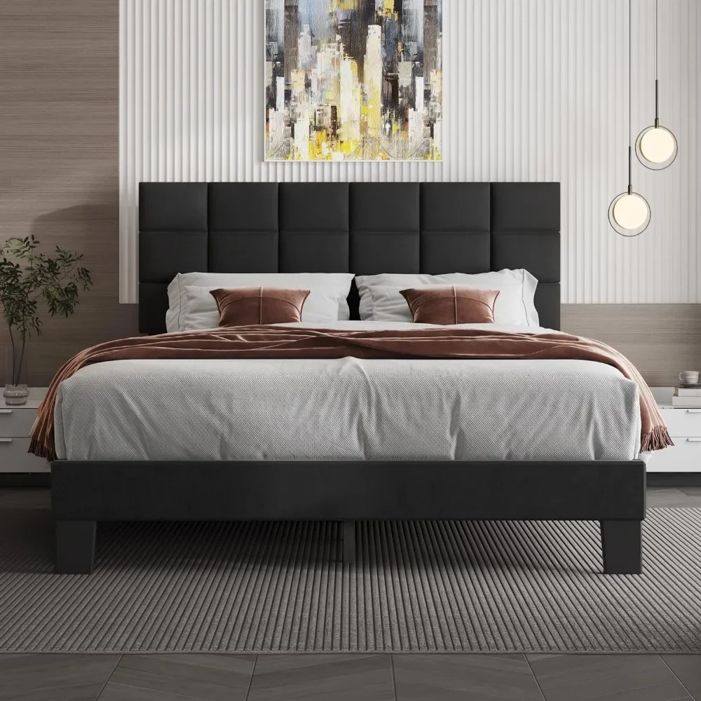 Cama queen-size completa com cabeceira, linho estofados Bed Frame, suporte de madeira Slats, Dark Grey Bed Bases, No Boxing Needed