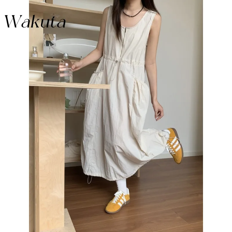 WAKUTA Classic Korean U-neck Sleeveless Quick Drying Fabric Workwear Dress with Drawstring Zipper Decorative Vest Bodycon Dress