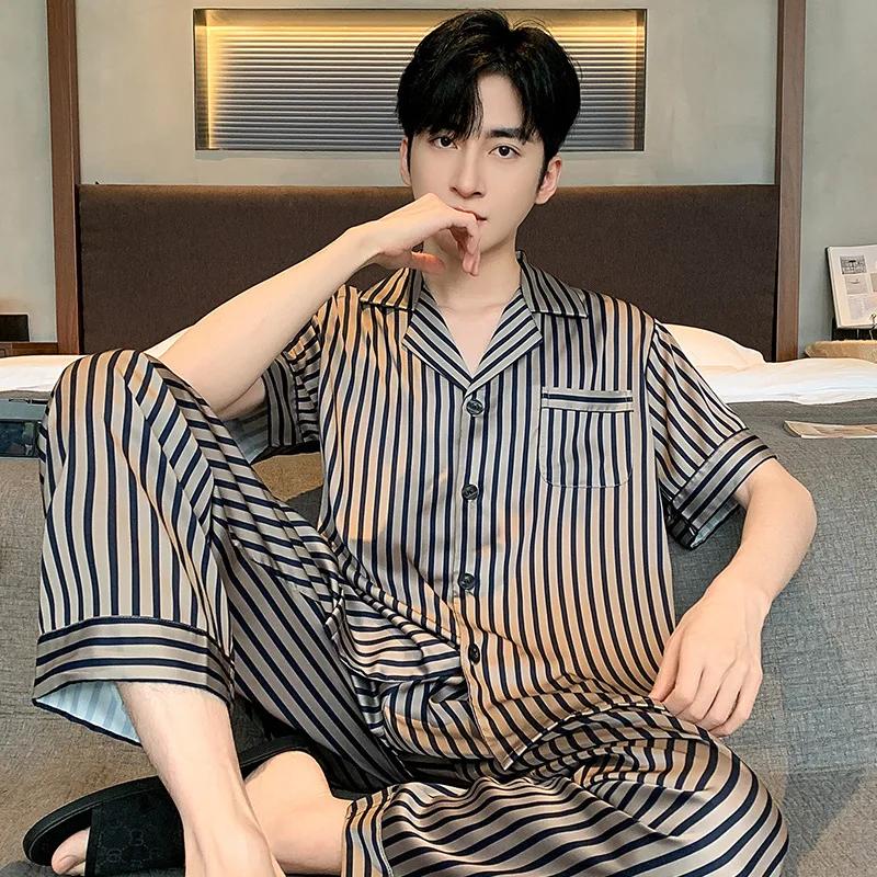 الربيع الصيف الجليد بيجامة من الحرير للرجال حجم كبير المتسكعون مجموعات الجاكار سترة ملابس خاصة محاكاة الحرير بيجامة مجموعات الرجال